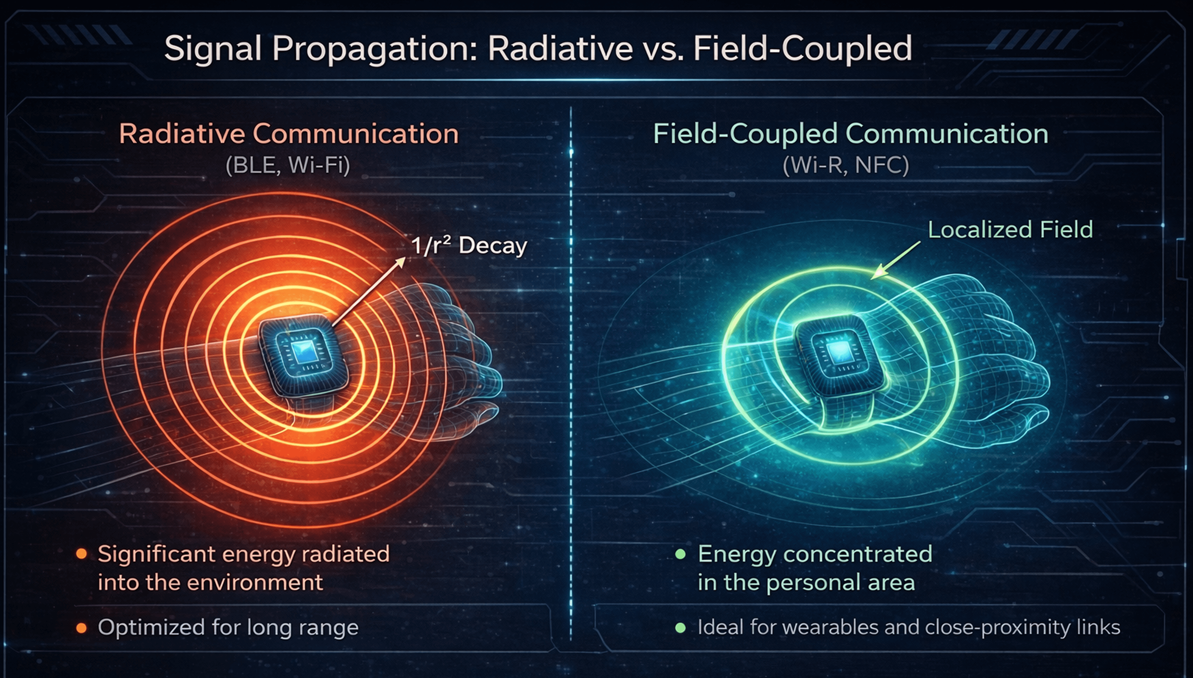Figure 1: The Physics of Survivability. Standard radiative protocols (left) broadcast signature into the environment, creating a targetable footprint. Wi-R (right) uses field-coupled communication to confine the signal to the immediate personal area, eliminating the "digital kill box."