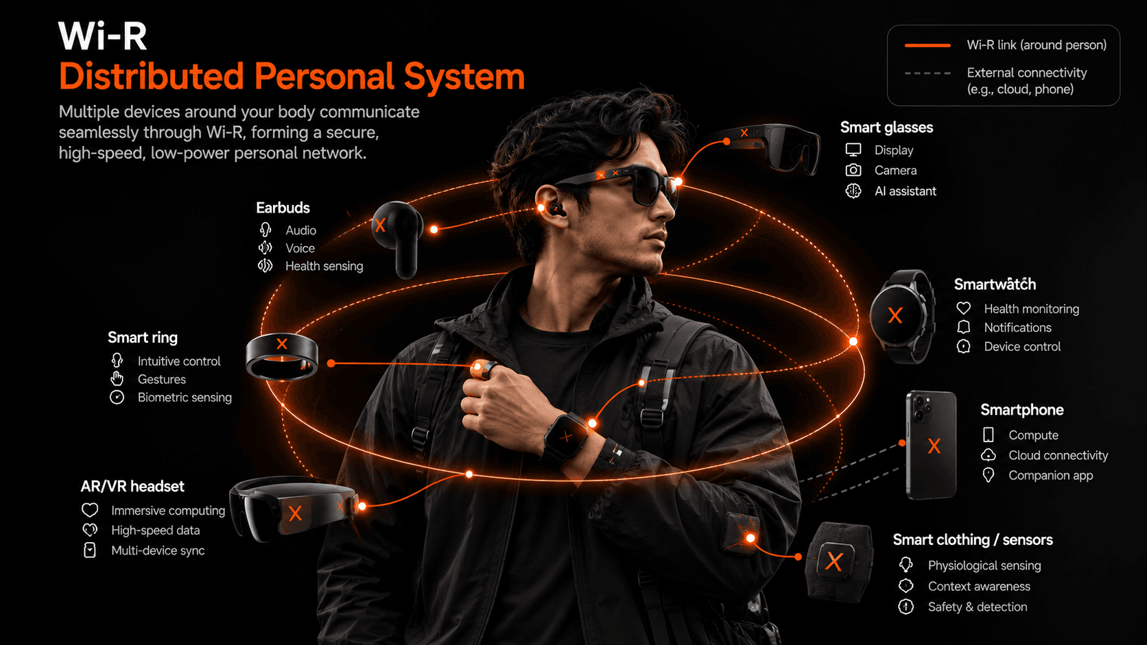 Distributed personal system showing sensing, compute, and interaction placed across multiple Wi-R-connected devices