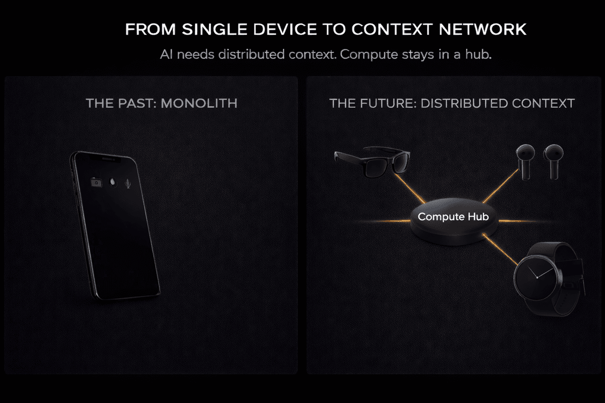 System diagram showing distributed wearable network with hub and peripheral devices connected via Wi-R links