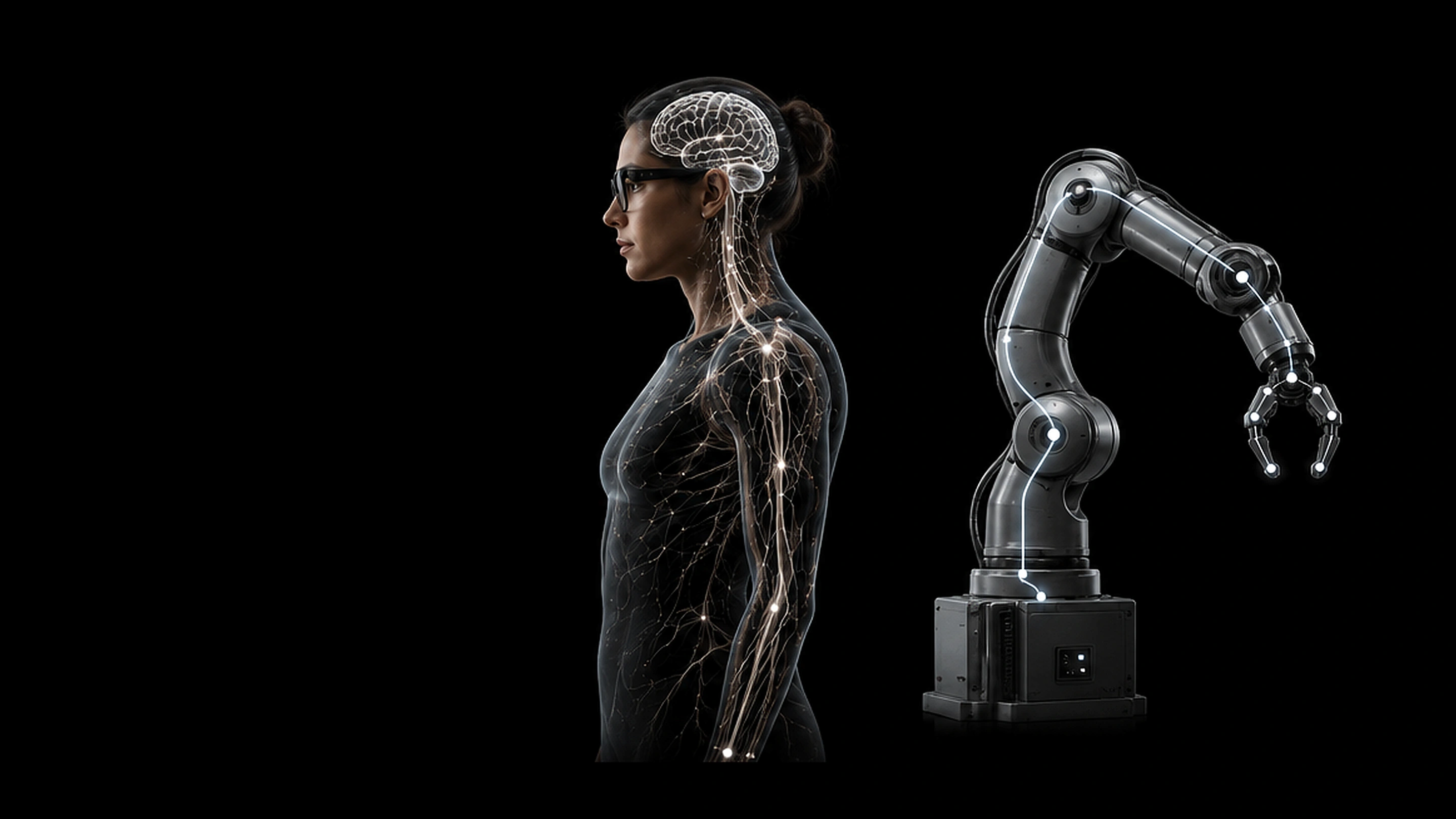 A human nervous system beside a left-facing robot's wiring and control bus: distributed sensing coordinated within each system.