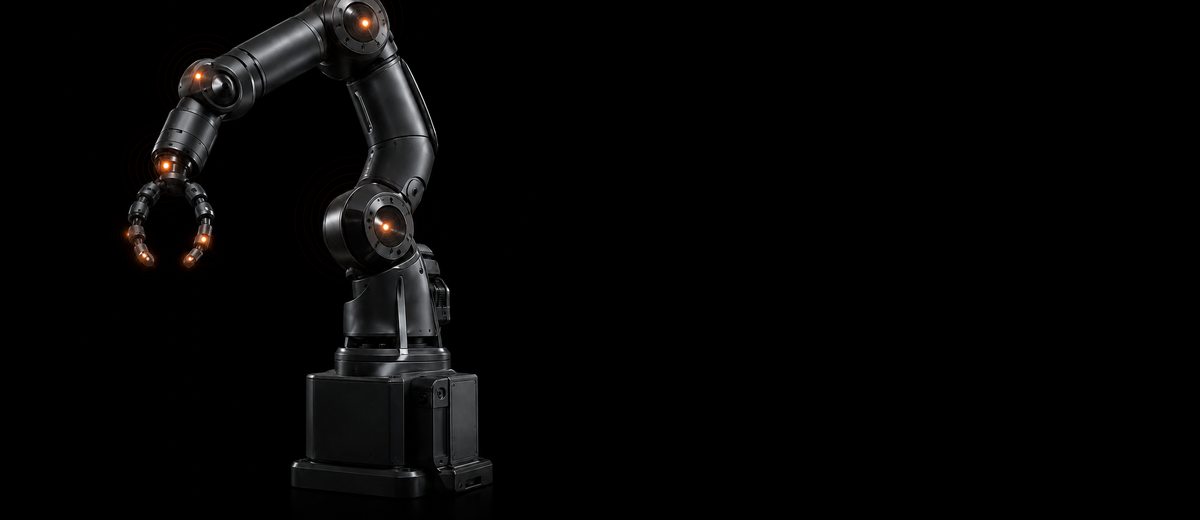 Black robotic arm with localized endpoint markers at its joints and gripper.