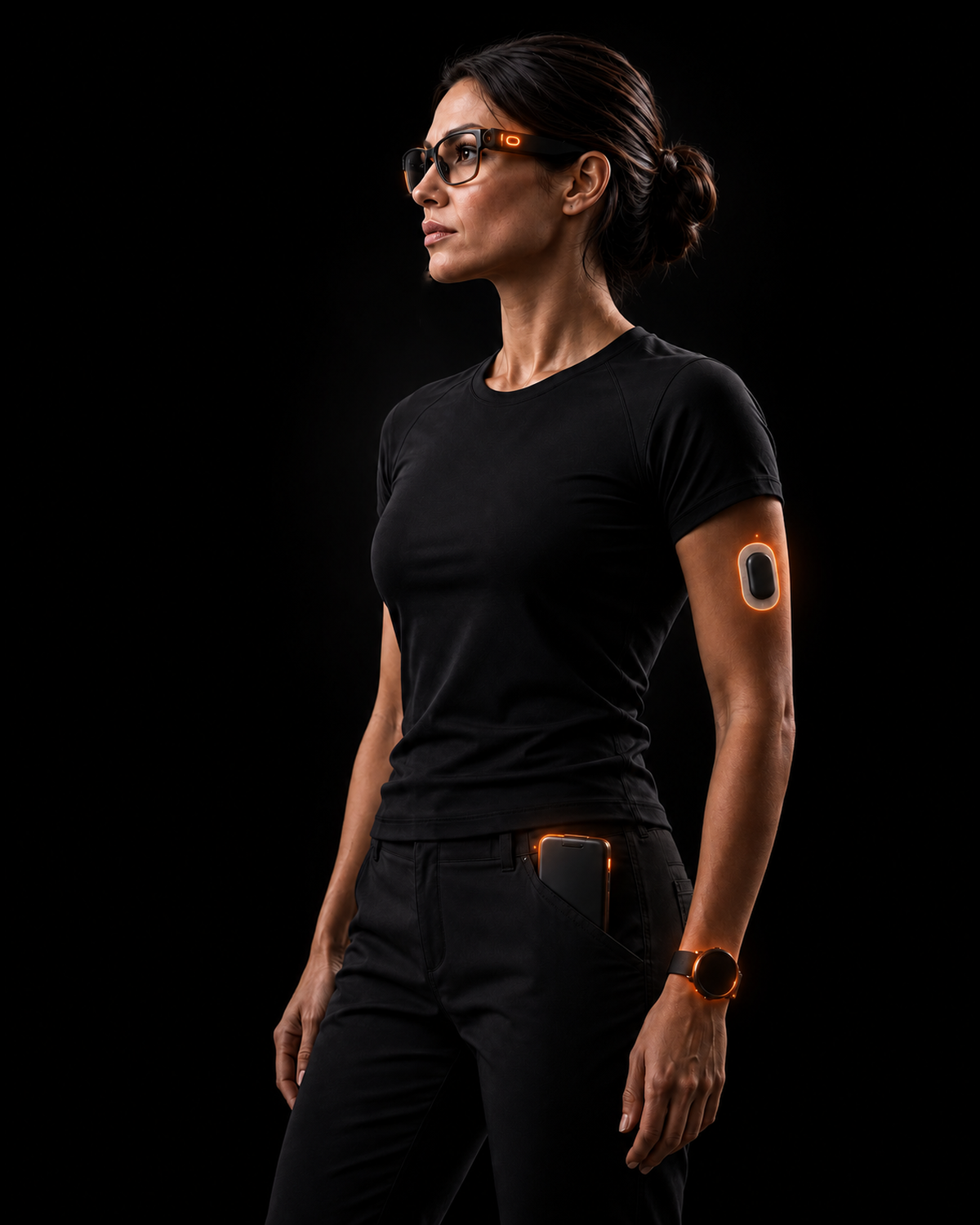 Woman wearing smart glasses, a wearable biosensor, and a watch, with a pocket compute device.