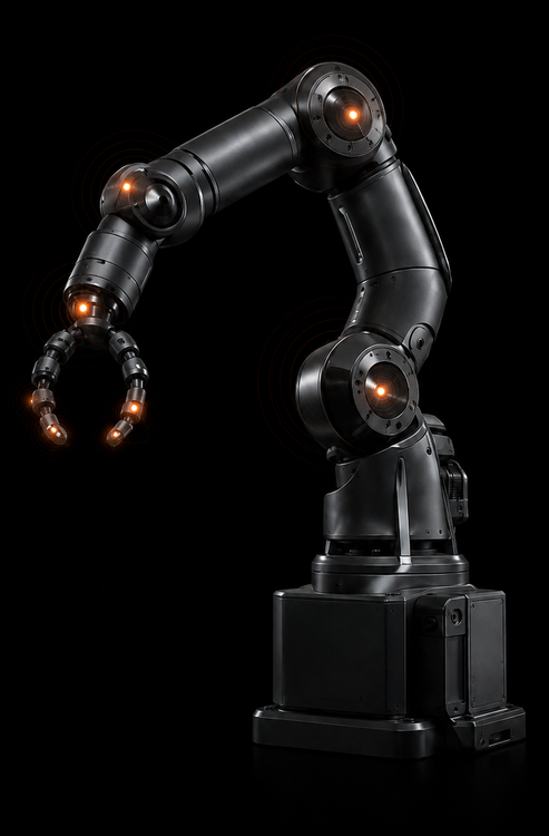 Black articulated robotic arm with highlighted joint and gripper endpoint positions.