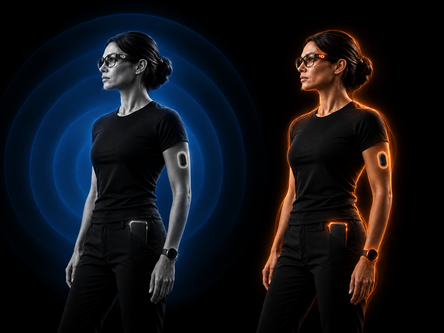 The same person wearing glasses, a wearable sensor, a watch, and a pocket hub: conventional radio spreads through surrounding space; Wi-R stays close to the physical system. Illustrative communication envelopes.