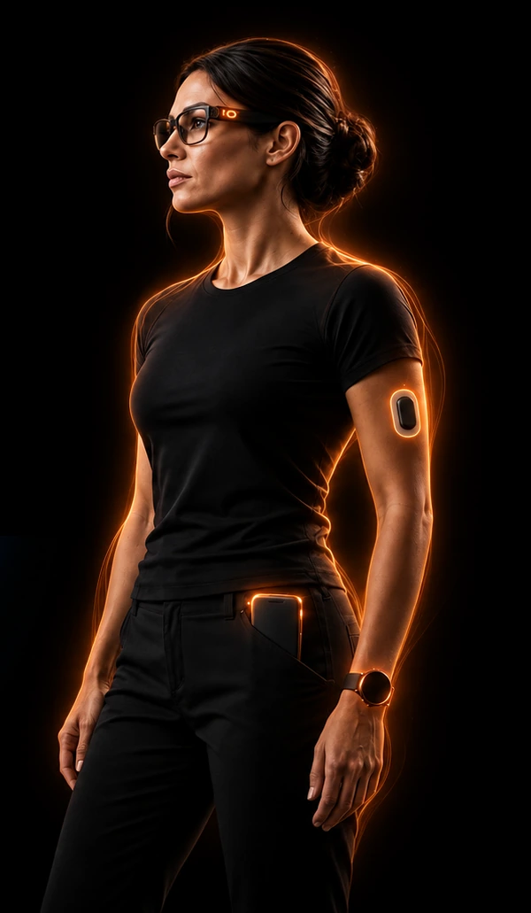 Woman wearing smart glasses, a wearable sensor, a watch, and a pocket compute device, surrounded by an illustrative localized orange envelope.