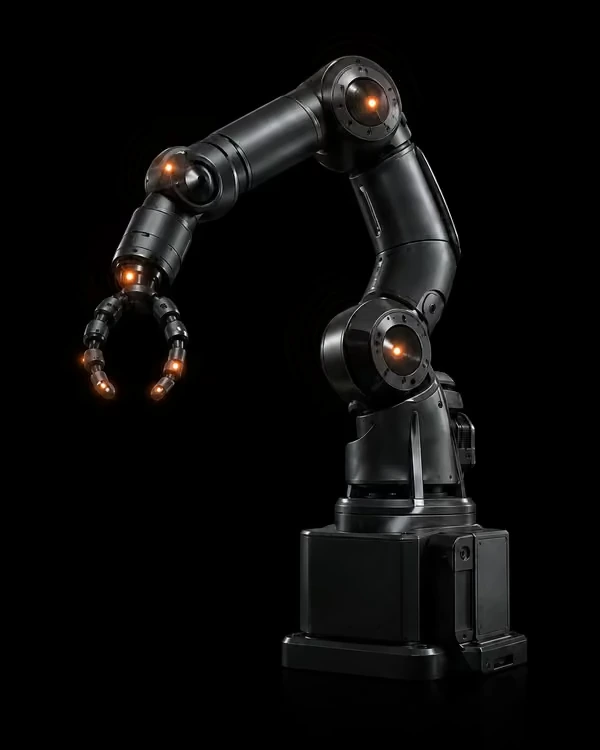 Left-facing articulated robot with highlighted joint and end-effector locations.