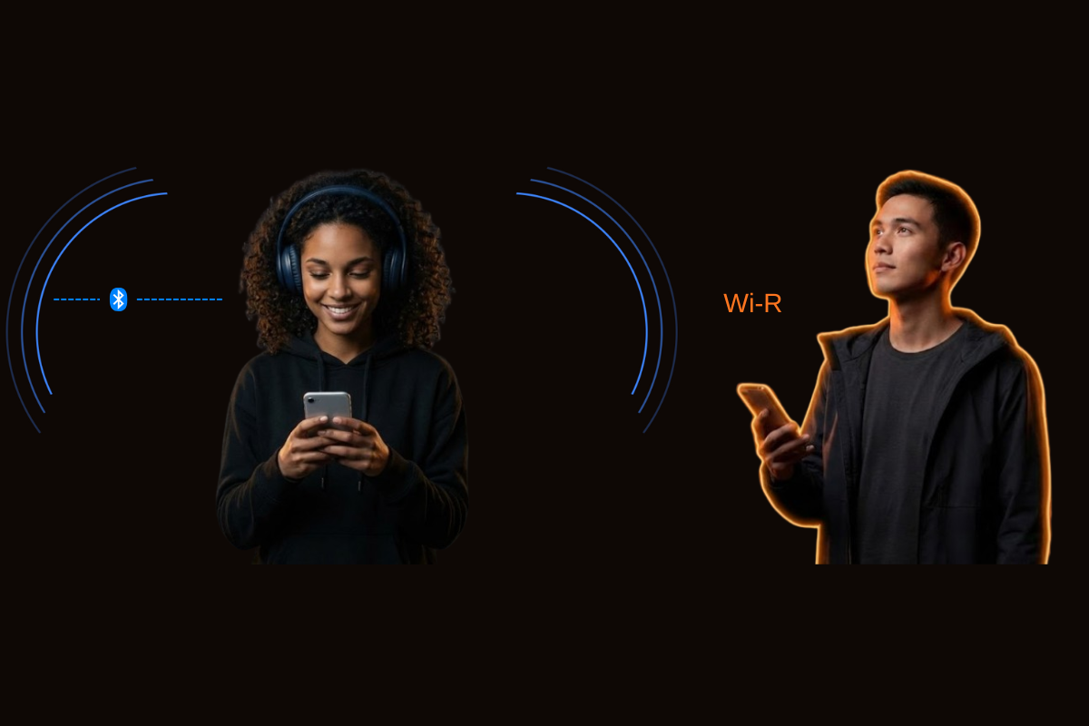 Comparison: Bluetooth radiates signal into the environment (left), while Wi-R confines the signal to the user (right)
