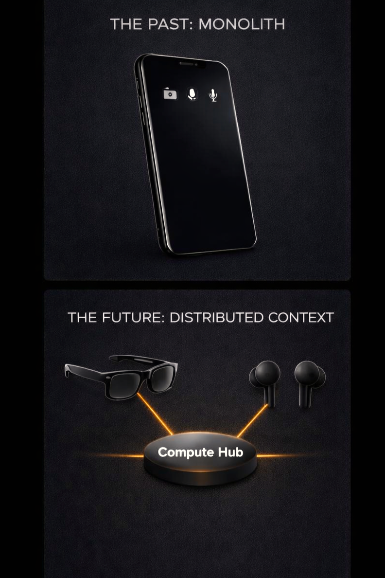 System diagram showing distributed wearable network with hub and peripheral devices connected via Wi-R links