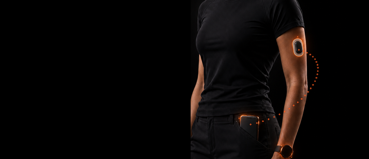 Wearable biosensor connected illustratively to a nearby pocket compute device.