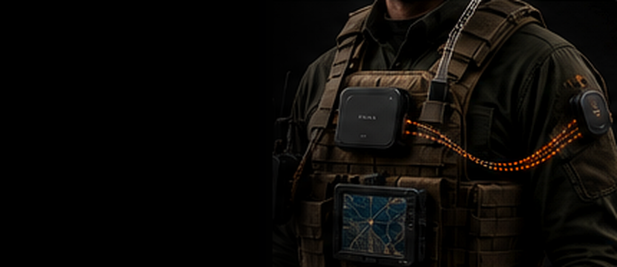 Illustrative mission-critical wearable system showing a local compute module, display, and sensing endpoint.